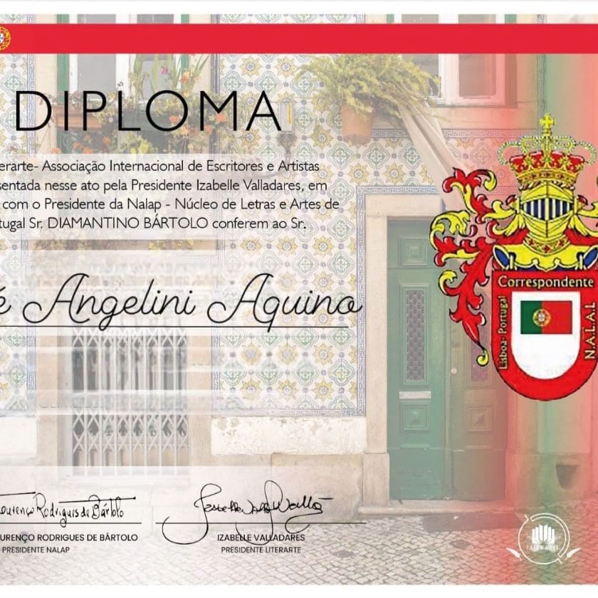 Diploma da Literarte e da NALAP em nome de José Angelini Aquino
