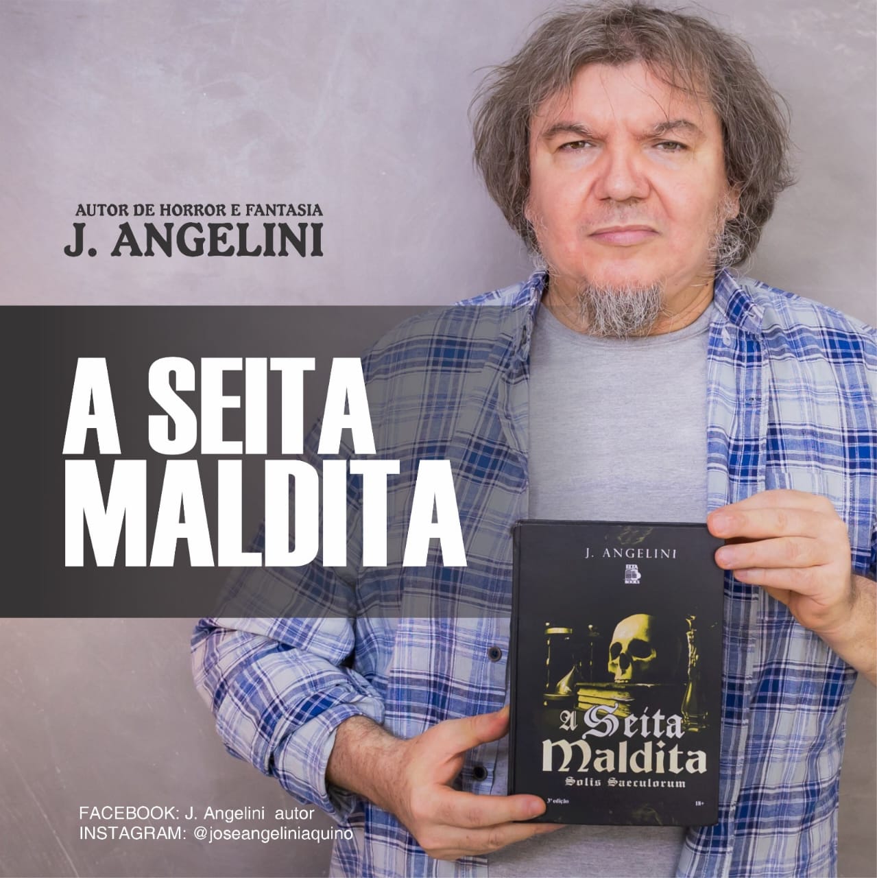 autor segurando o livro A Seita Maldita, arte promocional J. Angelini