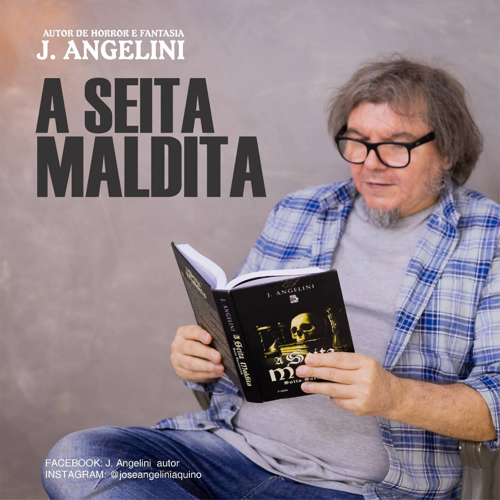 autor lendo seu livro A Seita Maldita, com identificação visual de autor de horror e fantasia
